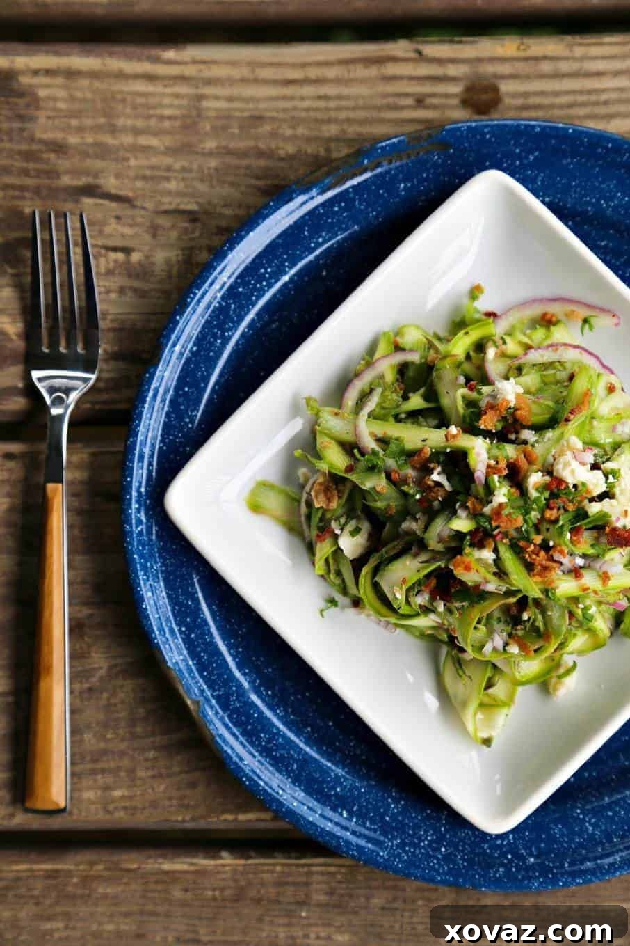 Fresh Shaved Asparagus and Bacon Salad with Blue Cheese Buttermilk Vinaigrette by Foodie with Family
