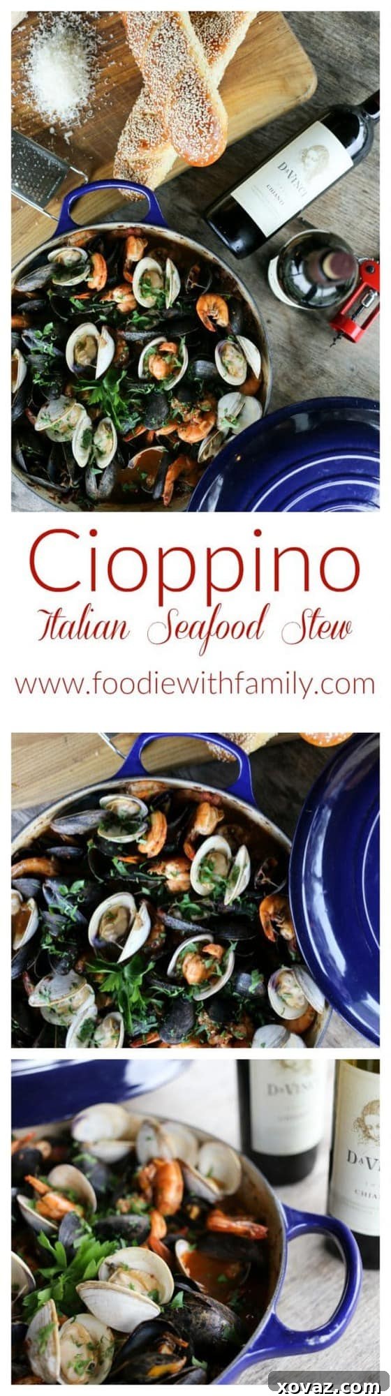 Cioppino: Italy's Iconic Seafood Stew 5 A stunning overhead shot of a generous spread for the Feast of the Seven Fishes, with Cioppino as the centerpiece, alongside other Italian dishes and DaVinci Wine.