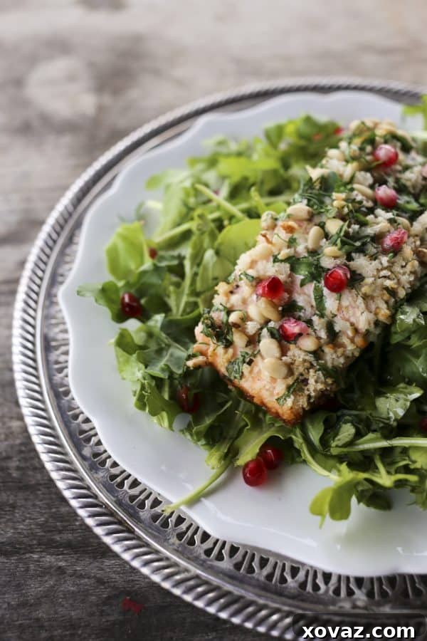 This simple and stunning Crispy Skin Salmon with Pine Nut and Parsey Crust is a showstopper of a main dish or a beautiful part of any Feast of the Seven Fishes and pairs equally well with red or white wine. #sponsored