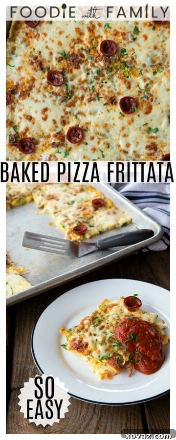 A vibrant close-up of a Pizza Frittata square, showcasing its fluffy egg texture, embedded pepperoni, and generous melted mozzarella. Fresh parsley leaves add a pop of color, highlighting the deliciousness of this baked dish.