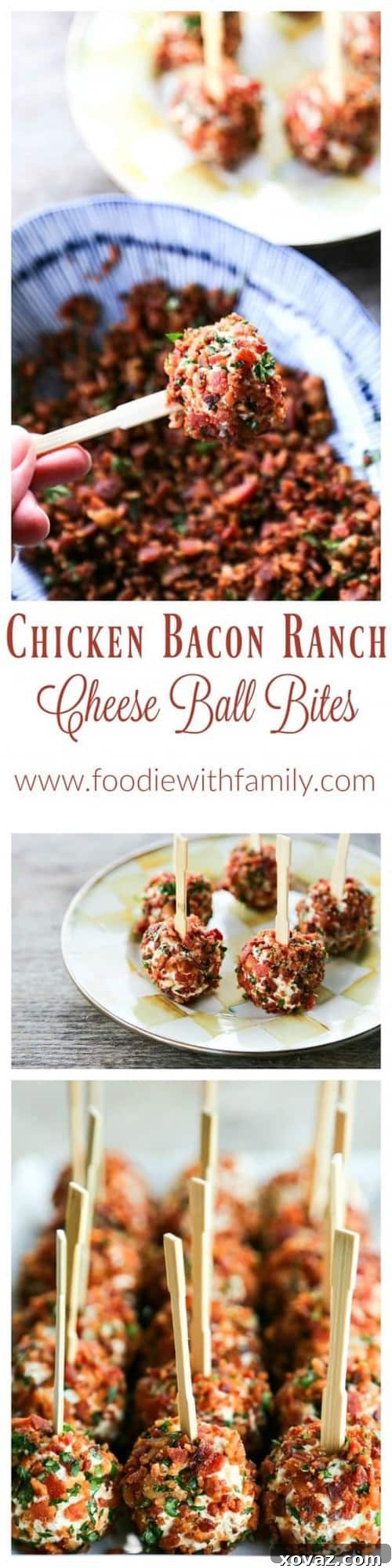 A close-up of Chicken Bacon Ranch Cheese Ball Bites, showing the crunchy bacon-parsley coating and an appetizer pick.