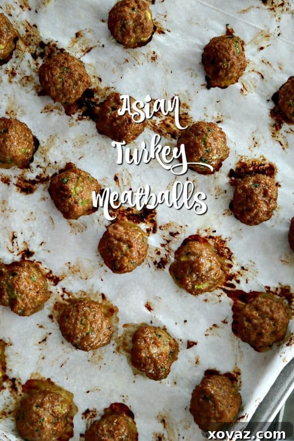 Baked Asian Turkey Meatballs featuring a savory blend of ginger, hoisin, and other Asian spices, ideal for meal prep and freezing.