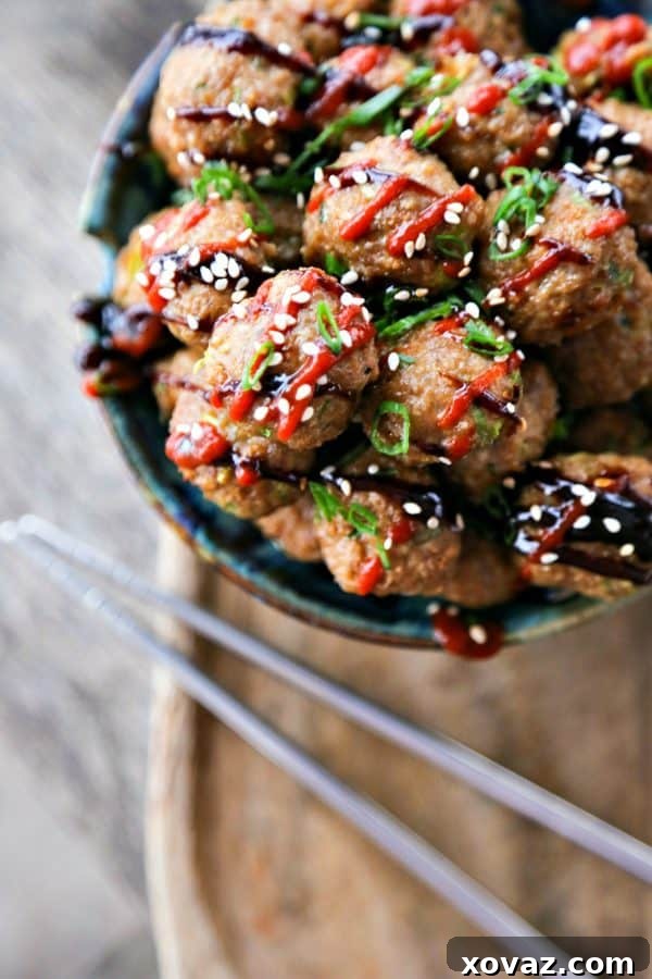 A close-up of baked Asian Turkey Meatballs, seasoned with ginger, hoisin, and ready to be served as an appetizer or main dish.