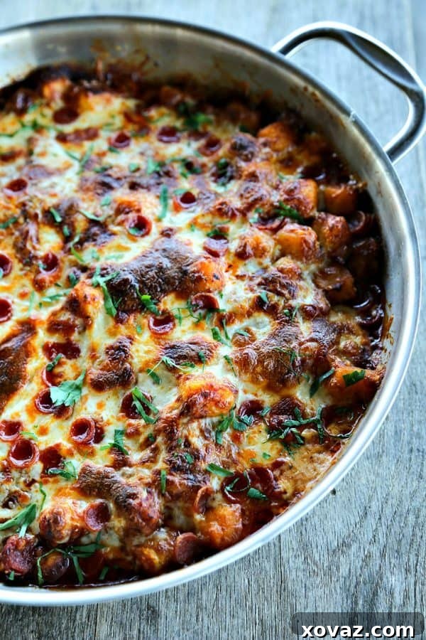 Pepperoni Pizza Gnocchi Bake 3 Pepperoni Pizza Gnocchi offers all the classic flavors of pizza, with soft gnocchi, savory pepperoni, rich pizza sauce, and generous melted mozzarella, topped with fresh parsley.