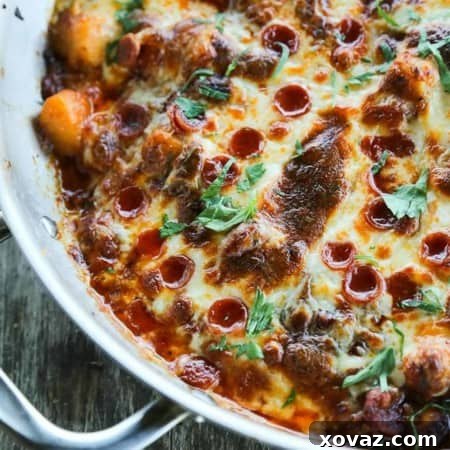 Pepperoni Pizza Gnocchi Bake 4 Pepperoni Pizza Gnocchi is all the flavours of pizza in pillowy gnocchi sauteed in a little butter; ; garlicky pizza sauce, pepperoni, stirred into the gnocchi, covered with a generous layer of melted mozzarella, pepperoni, and a shower of fresh parsley. Bonus: It's braces friendly!