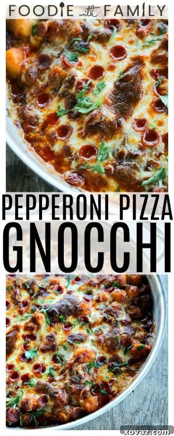 Pepperoni Pizza Gnocchi Bake 5 Pizza gnocchi is all the flavours of pizza in pillowy gnocchi sauteed in a little butter then baked with garlicky pizza sauce and pepperoni, covered with a generous layer of melted mozzarella, pepperoni, and a shower of fresh parsley.