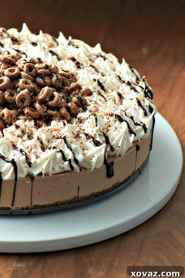 A stunning 10-Minute Creamy Chocolate Icebox Pie, adorned with whipped cream and grated chocolate, ready to be served. This no-bake dessert features a crispy Chocolate Cheerios crust.