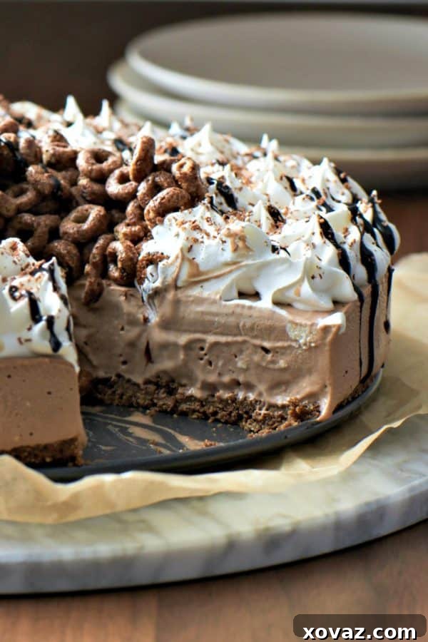 Close-up of a slice of 10-Minute Creamy Chocolate Icebox Pie, showcasing its creamy texture and crumbly crust, garnished with fresh Cheerios.