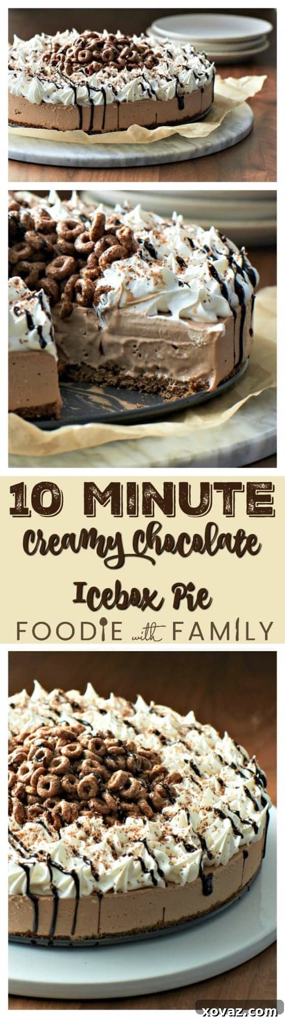 A large, beautifully crafted 10-Minute Creamy Chocolate Icebox Pie, showcasing its rich chocolate filling and decorative topping, perfect for any celebration.