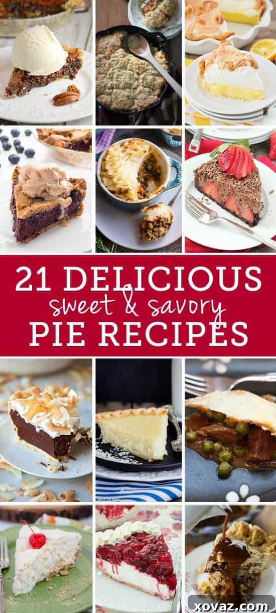 A vibrant collage showcasing 21 diverse sweet and savory pie recipes, perfect for celebrating Pi Day or enjoying anytime, from fruit pies to hearty meat options.