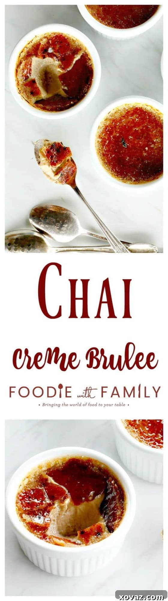 Spiced Chai Creme Brulee 4 Chai Creme Brulee: the thin layer of crisp burnt-sugar caramel sits on top of a velvety and smooth custard redolent with cinnamon, nutmeg, cardamom, and other spices; it tastes just like a caramel chai latte.