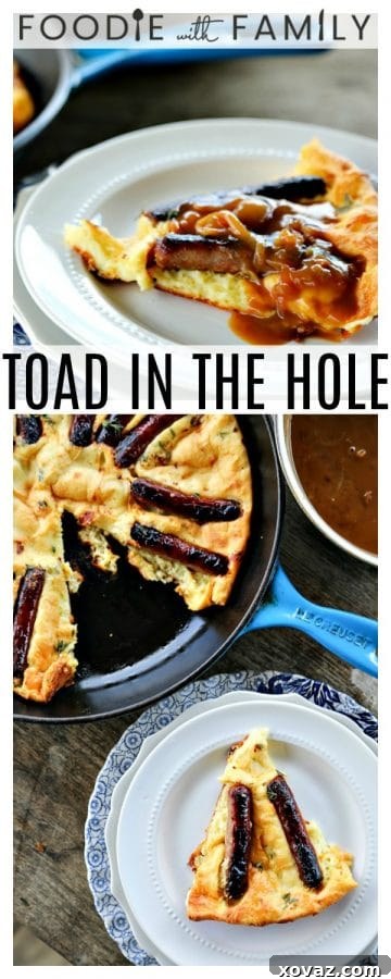 Yorkshire Sausage Bake 4 Toad in the Hole is a savoury, flavourful, thyme dotted, crisp-edged puff pancake cooked with roasted sausages & drippings with onion gravy spooned over.