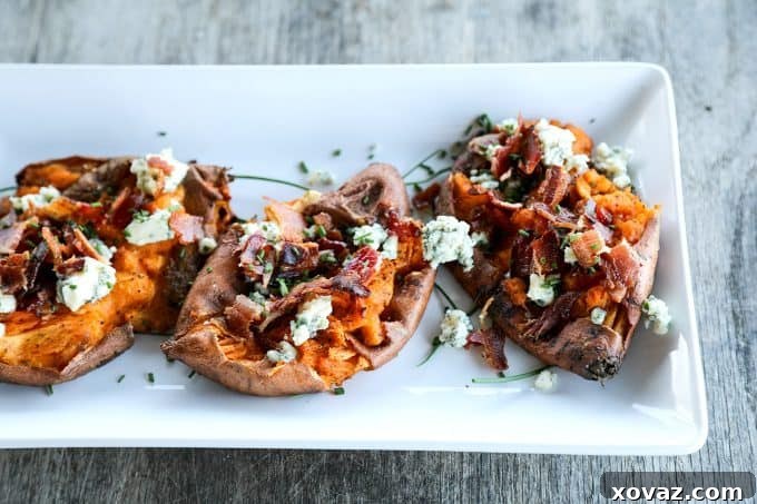 Loaded Sweet Potato Smash with Bacon and Bold Bleu Cheese 2 Crisp on the edges and tender at the center, these Smashed Sweet Potatoes with Bacon and Bleu Cheese are a simple but stunning side dish to accompany any grilled or roasted meat or a lovely light meal on their own.
