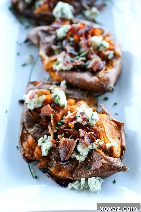 Loaded Sweet Potato Smash with Bacon and Bold Bleu Cheese 3 Crisp on the edges and tender at the center, these Smashed Sweet Potatoes with Bacon and Bleu Cheese are a simple but stunning side dish to accompany any grilled or roasted meat or a lovely light meal on their own.