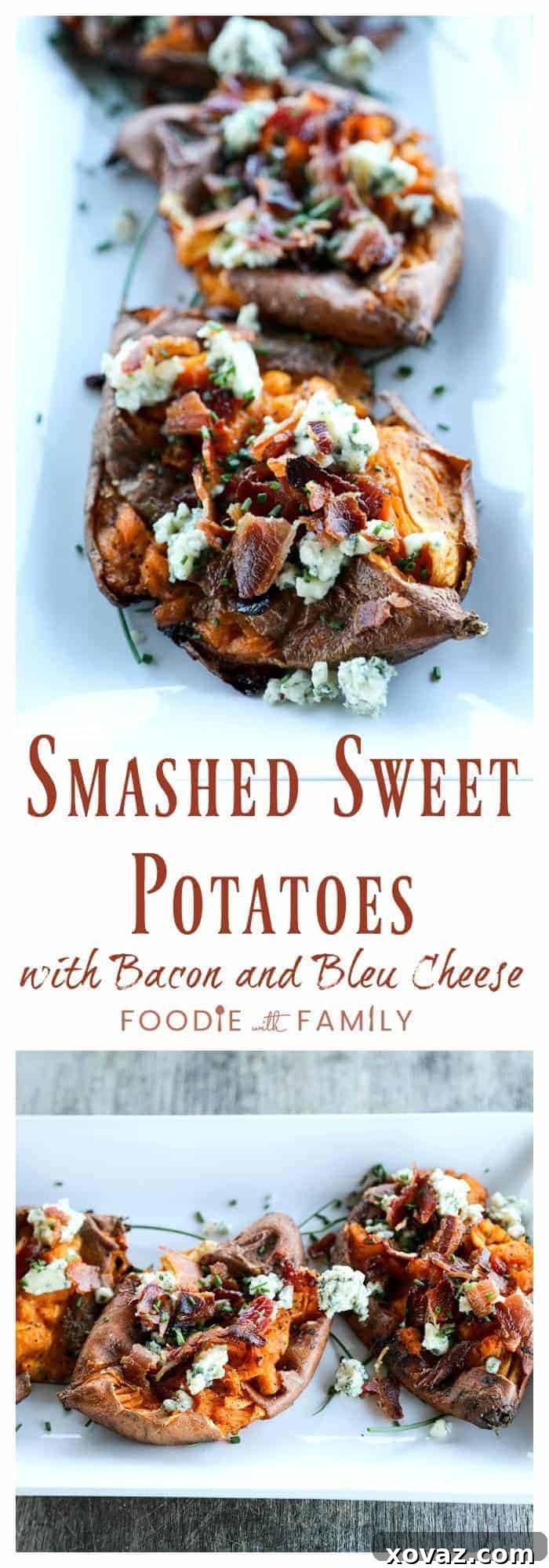 Loaded Sweet Potato Smash with Bacon and Bold Bleu Cheese 4 Crisp on the edges and tender at the center, these Smashed Sweet Potatoes with Bacon and Bleu Cheese are a simple but stunning side dish to accompany any grilled or roasted meat or a lovely light meal on their own.