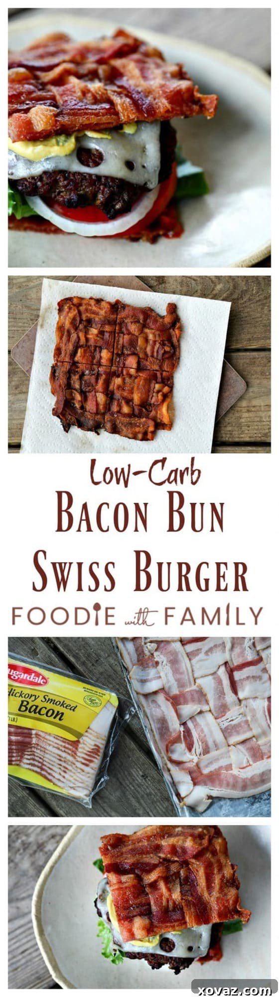 A striking vertical shot of a Low-Carb Bacon Bun Swiss Burger, showing its impressive height and delicious layers, ready to be enjoyed as a keto-friendly meal.