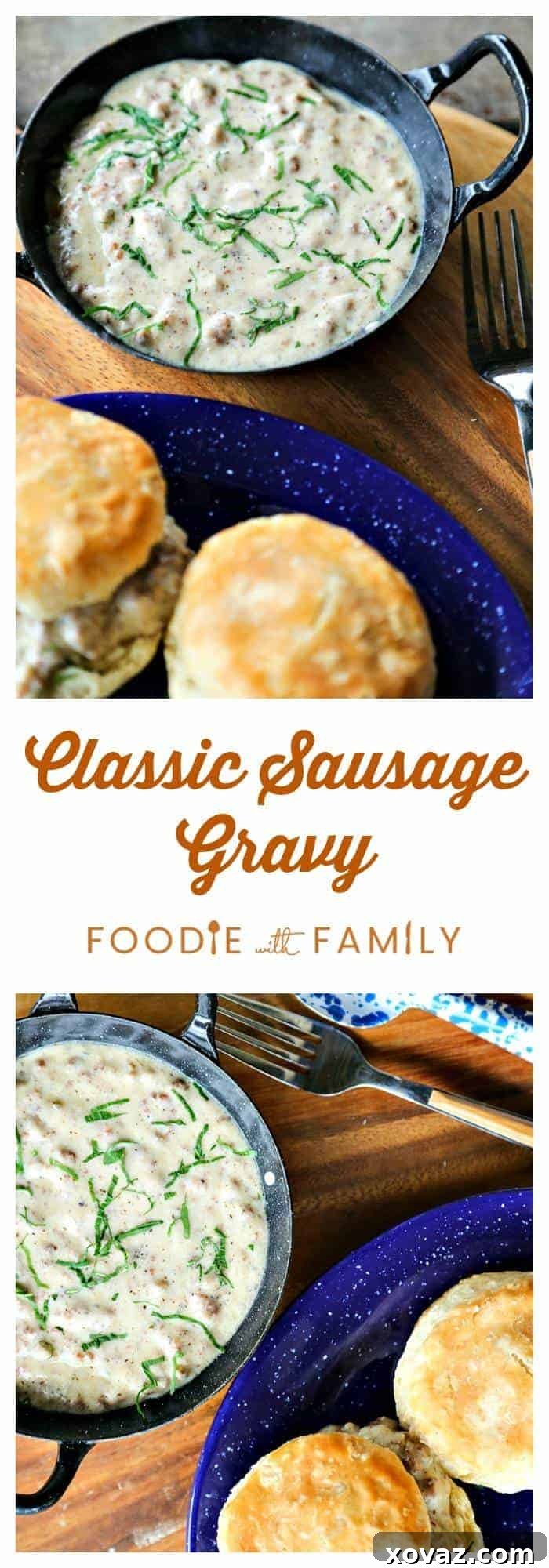 A large, rustic platter piled high with Classic Sausage Gravy, ready for a crowd, emphasizing its inviting and abundant nature.