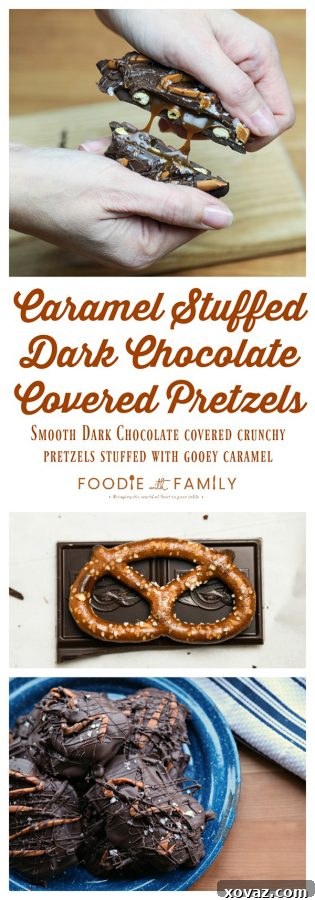 Vertically oriented image of Caramel Stuffed Dark Chocolate Covered Pretzels, showcasing their delicious layers