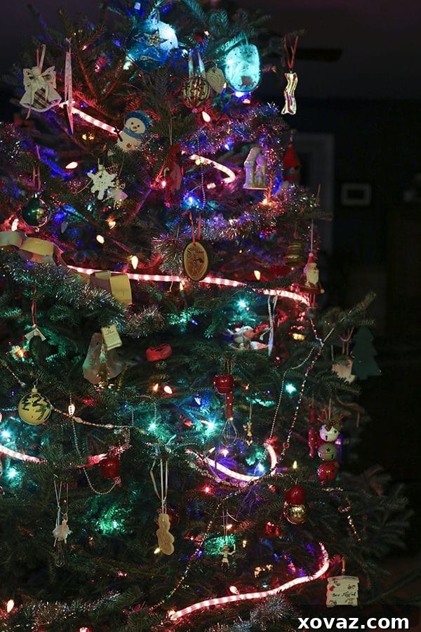 A beautifully decorated Christmas tree, adorned with sentimental ornaments, symbolizing cherished holiday memories.