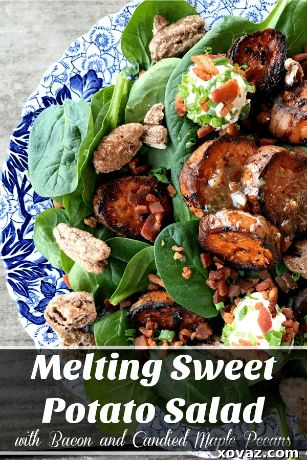 Velvety Sweet Potato Dream with Maple Pecan Crunch and Savory Bacon 5 Large serving of Melting Sweet Potato Salad on an elegant plate, ready to be enjoyed.