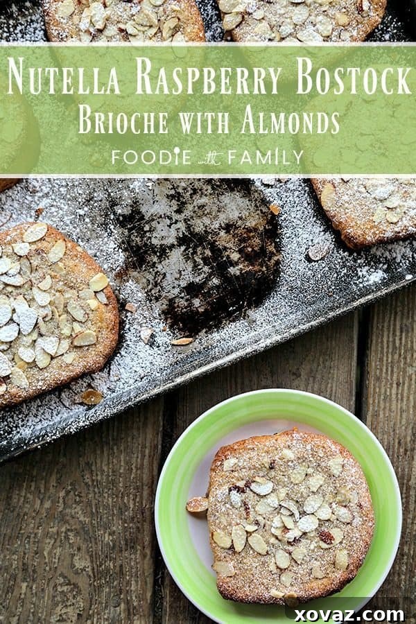 Antique Half sheet pan with Nutella Raspberry Bostock or brioche aux amandes, dusted with powdered sugar, one piece missing from the pan, one piece on an antique dessert plate with a bright green edge.