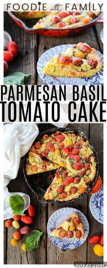Slice of Savoury Parmesan Basil Tomato Cake showing internal texture and ingredients.