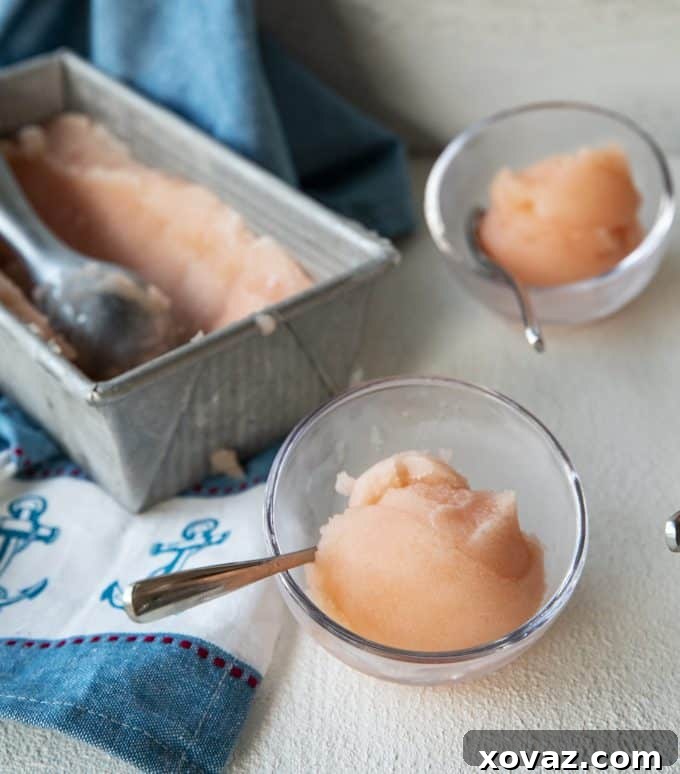 Crisp, refreshing, smooth and silky in texture, this grapefruit sorbet makes a great dessert by itself or cocktail when doused with a shot of gin or vodka.