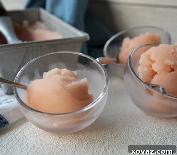 Crisp, refreshing, smooth and silky in texture, this grapefruit sorbet makes a great dessert by itself or cocktail when doused with a shot of gin or vodka.
