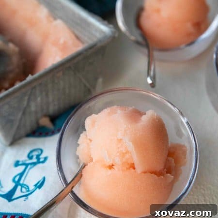 Crisp, refreshing, smooth and silky in texture, this grapefruit sorbet makes a great dessert by itself or cocktail when doused with a shot of gin or vodka.