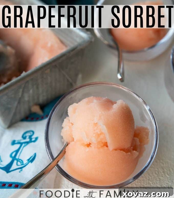 Crisp, refreshing, smooth and silky in texture, this grapefruit sorbet makes a great dessert by itself or cocktail when doused with a shot of gin or vodka.