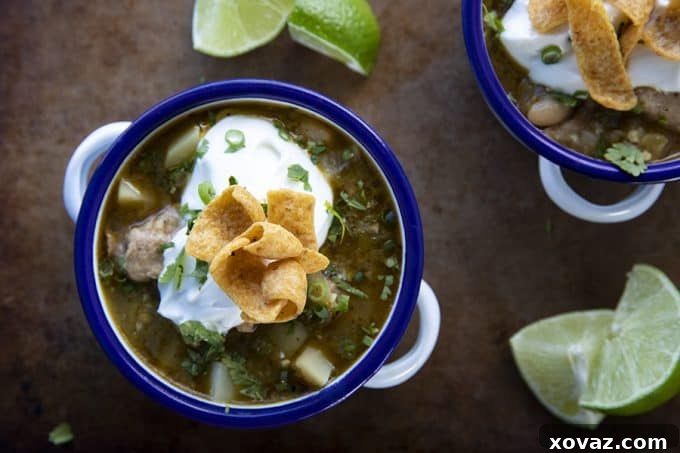 Hearty Pork Green Chili 2 Pork Green Chili served in a white enamel bowl with blue rim and handles, garnished with fresh cilantro.