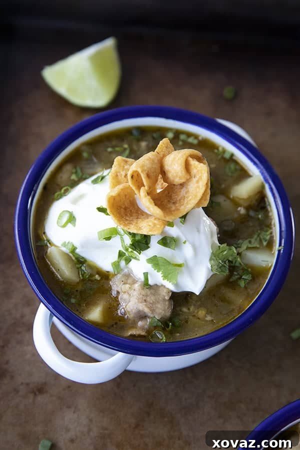 Hearty Pork Green Chili 5 Overhead shot of Pork Green Chili garnished with sour cream, cilantro, and fritos, illustrating serving suggestions.