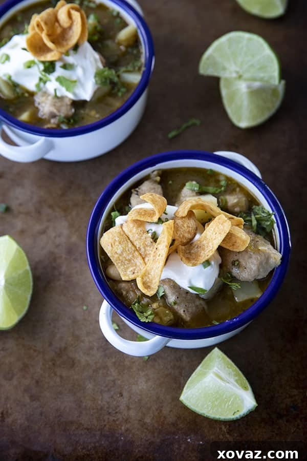 Hearty Pork Green Chili 6 A bowl of Pork Green Chili with a spoon, highlighting its comforting appeal and inviting texture.