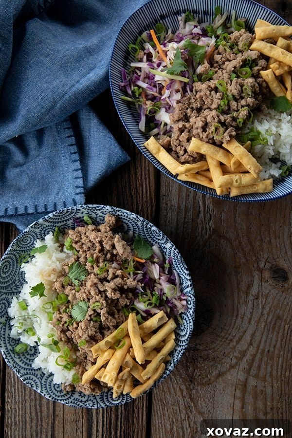 Serve Pork Egg Roll in a Bowl over hot rice, topped with crunchy wonton strips and fresh cilantro.