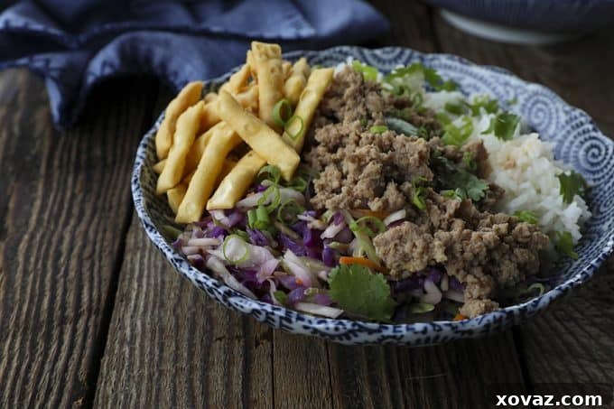 Overhead view of a prepared Egg Roll in a Bowl, showcasing its hearty and colorful ingredients.