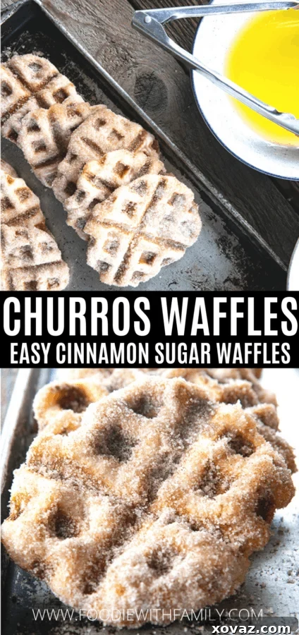 Crispy edged, cinnamon-sugar dusted Churros Waffles are 100% irresistible and ridiculously easy to make, taking advantage of frozen dough for the base. Bonus: No boiling oil!
