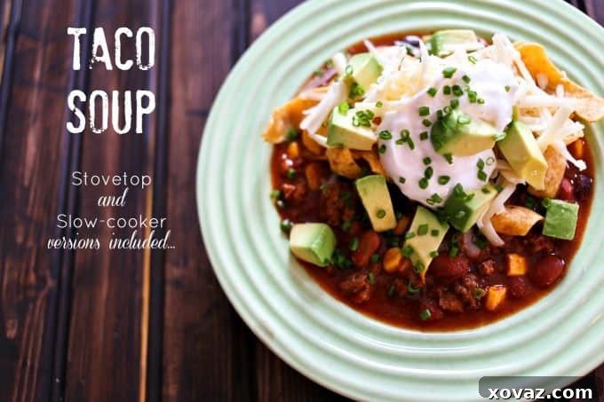 Hearty Slow-Cooker or Stove-Top Taco Soup recipe from foodiewithfamily.com