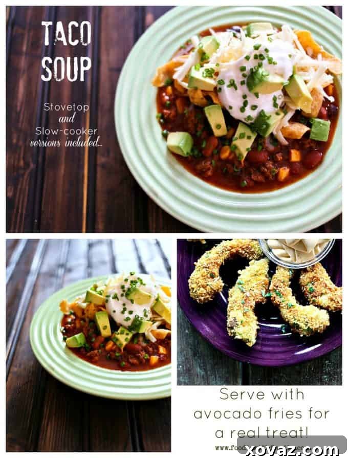 Taco Soup served in a bowl with Crispy, Creamy Avocado Fries on the side