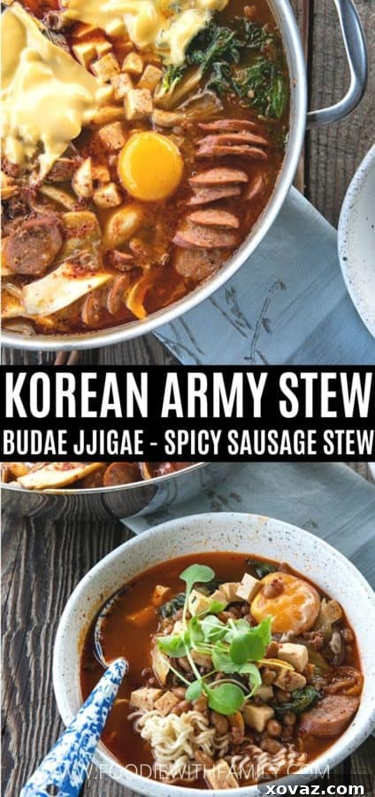 Budae Jjigae Korean Spicy Sausage Stew 7 Korean Army Stew or Budae Jjigae in a pan and in a bowl with a blue linen