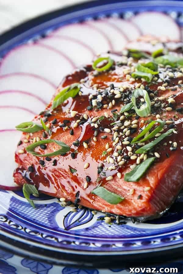 Glazed Salmon with sesame seeds and green onions, radishes, on a blue and white plate
