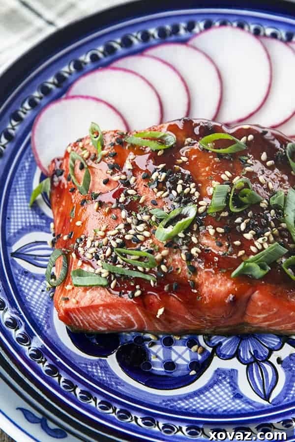Glazed Salmon with sesame seeds and green onions, radishes, on a blue and white plate