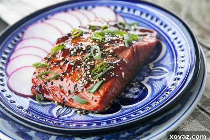 Salmon fillet drizzled with unagi sauce, ready for the air fryer