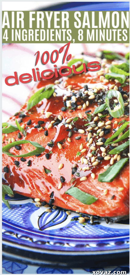 Stacked air fryer salmon fillets with garnishes