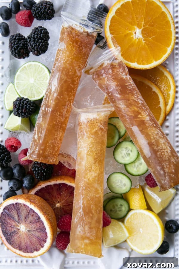 Pimm's Garden Party Pops 2 Refreshing Pimm's Cup Royale Boozy Popsicles made with gin liqueur, Prosecco, lemon, and strawberry puree, perfect for summer.