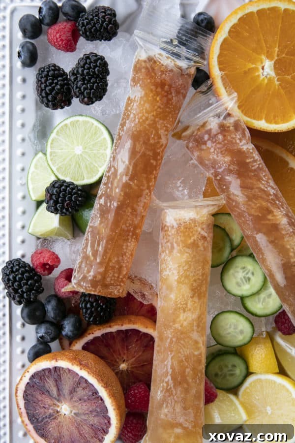 Pimm's Garden Party Pops 4 Classic Pimm's Cup ingredients transformed into refreshing boozy popsicles for a summer treat.