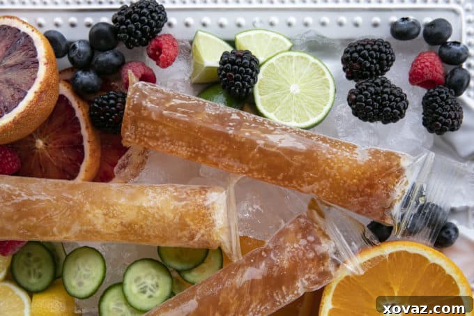 Pimm's Garden Party Pops 5 A refreshing Pimm's Cup Royale Boozy Popsicle, ready to enjoy on a hot summer day.