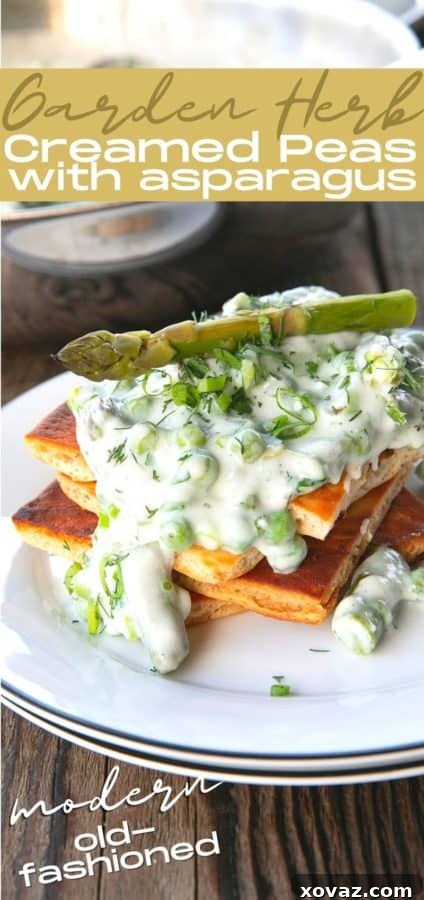 Lush Creamed Asparagus and Peas 8 Tender spring peas and asparagus combine in a garden herb cream sauce in this new-fashioned take on delightfully old-fashioned Creamed Peas. Served over toast, this is one simple, economical dish wows!