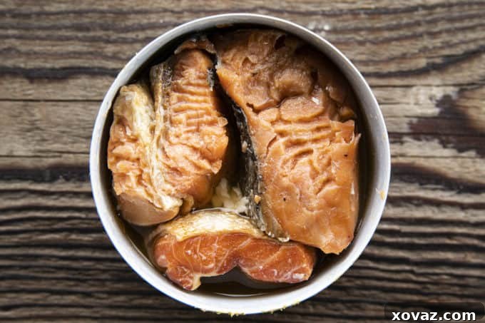 Zesty Salmon Pasta Salad 5 A close-up of a can of smoked salmon, showing the quality fillets.
