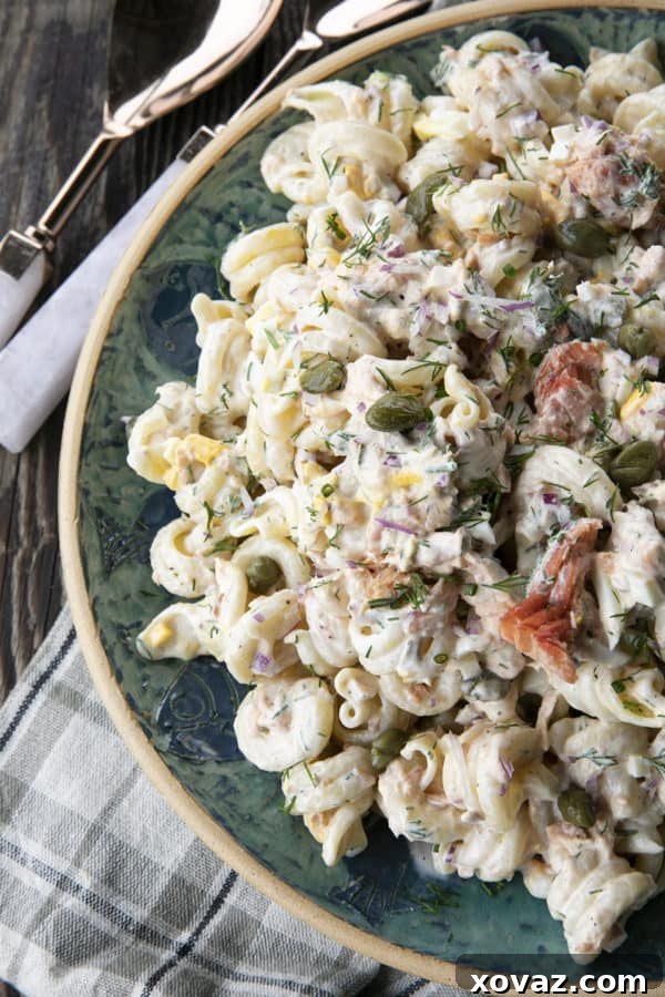 Zesty Salmon Pasta Salad 7 Ingredients for Smoked Salmon Pasta Salad, including red onions and capers, prepped and ready.