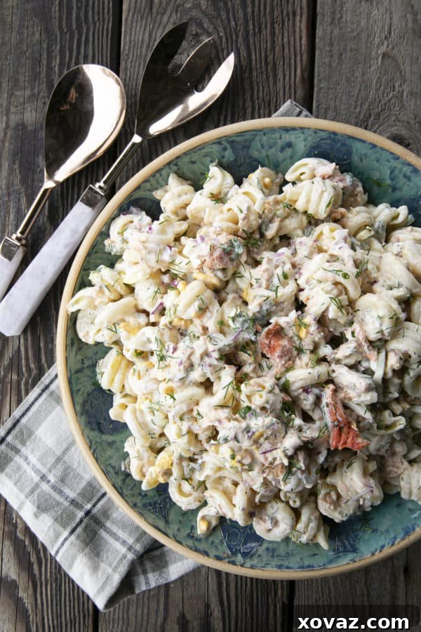 Zesty Salmon Pasta Salad 10 A serving of Smoked Salmon Pasta Salad in a bowl, ready to enjoy.